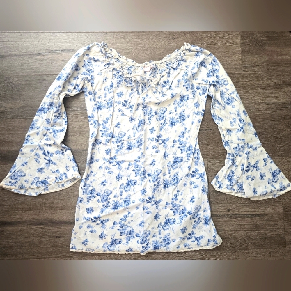Victorias Secret Y2K Vintage Blue White Floral Bell Sleeve Size Medium Dress Top